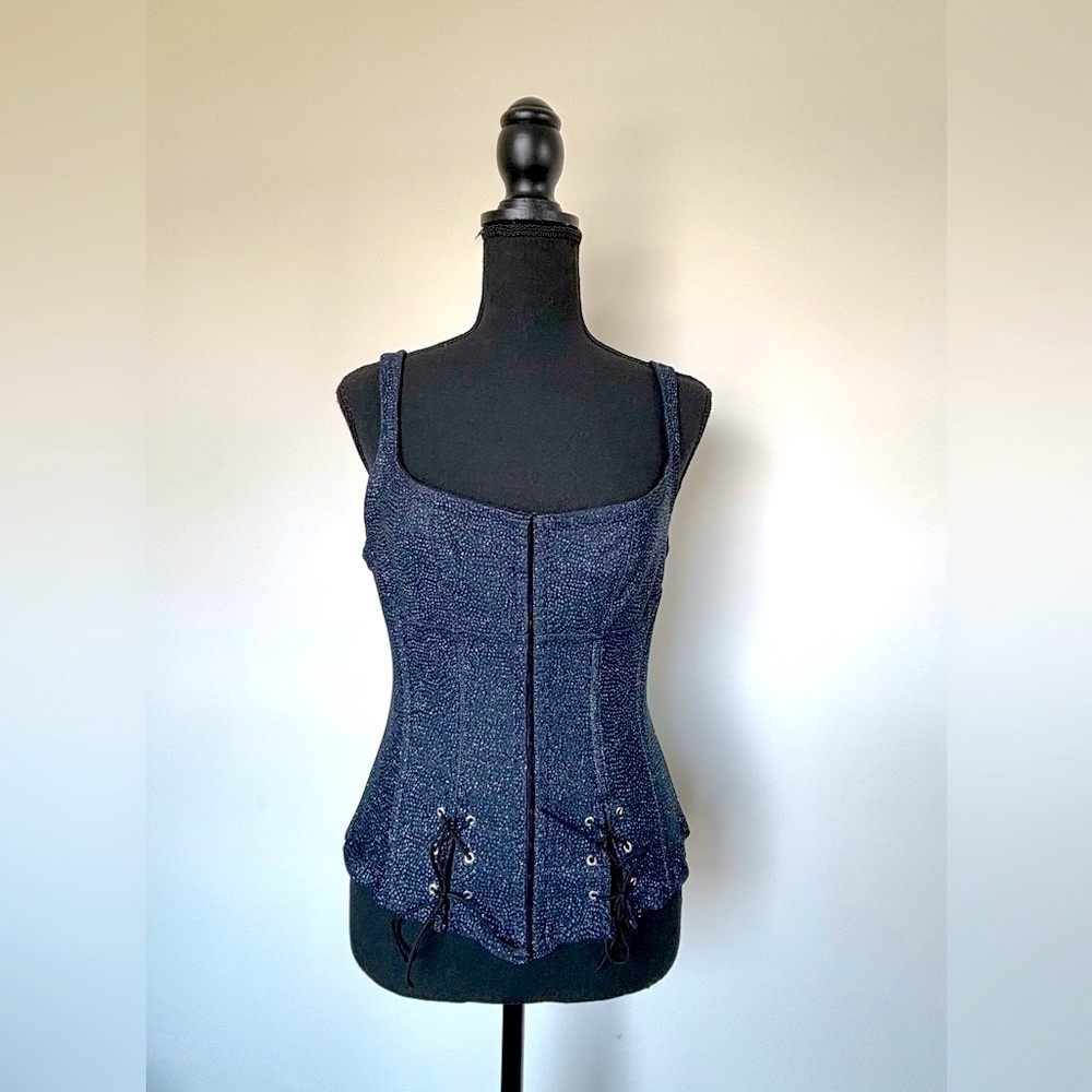 Women’s Lace-up Sparkling Denim Corset Bustier Sexy Top In Midnight Blue size M